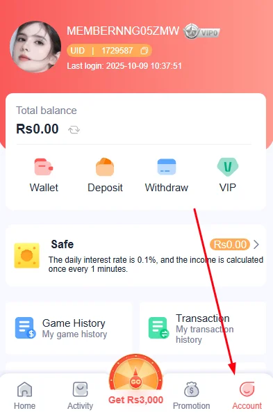 Click the account section